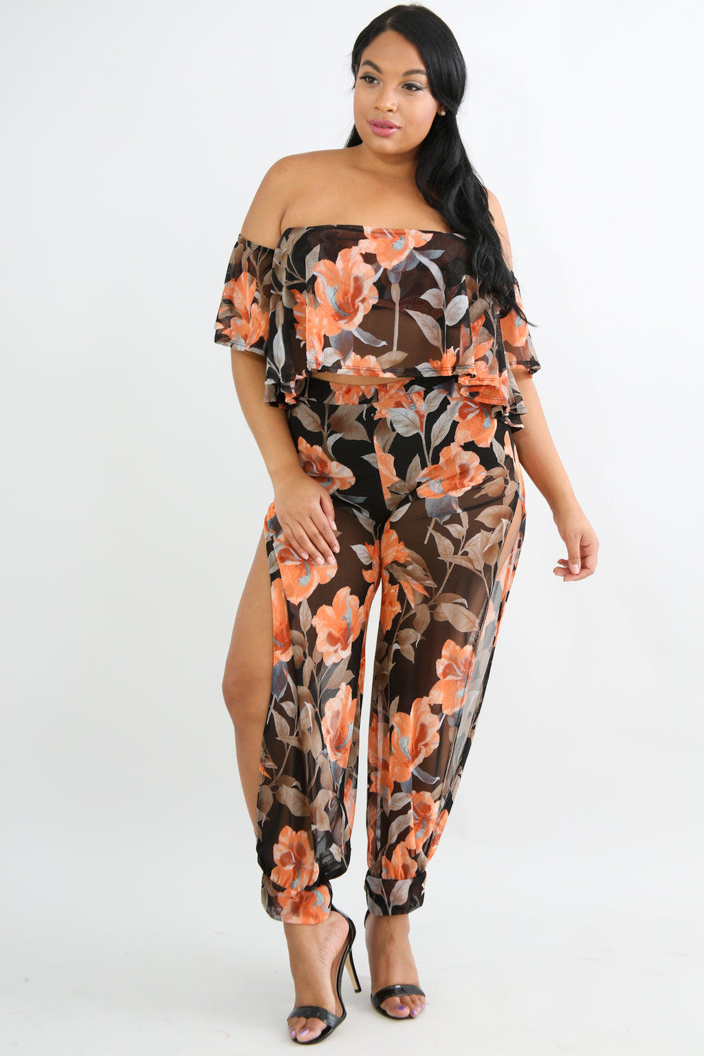 Set - Sheer Floral Slit Pant