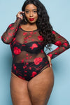 Bodysuit -Roses Embroidery Mesh Red
