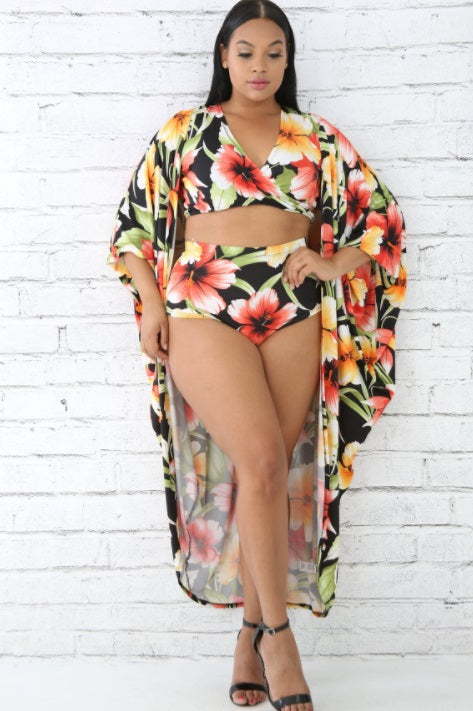 Swimwear - Hawaii Floral Kimono Swimsuit Set