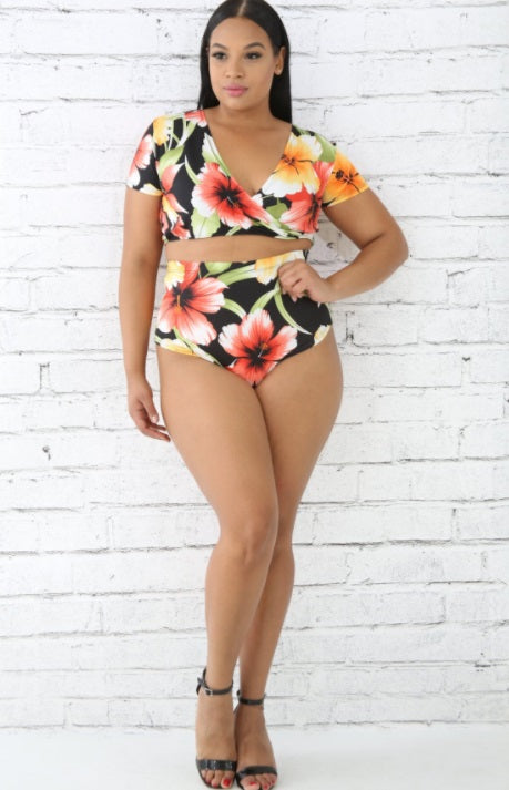 Swimwear - Hawaii Floral Kimono Swimsuit Set